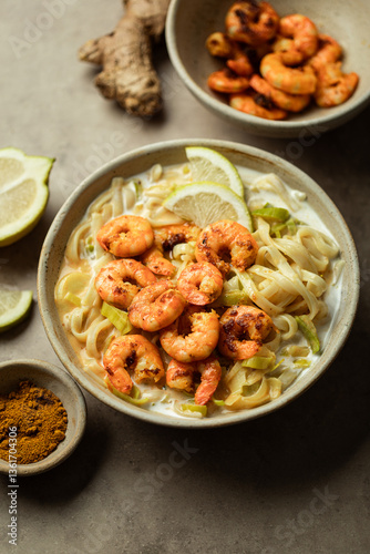 plat de nouilles de riz tagliatelles lait de coco curry et crevettes grillées