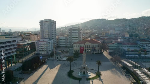 4K Aerial View of Izmir Clock Tower and Surrounding Urban Landscape, Turkey