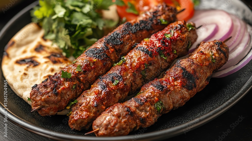 Serving Delicious Grilled Kebab Skewers with Flatbread and Fresh Vegetables Serving Delicious Grilled Kebab Skewers with Flatbread and Fresh Vegetables