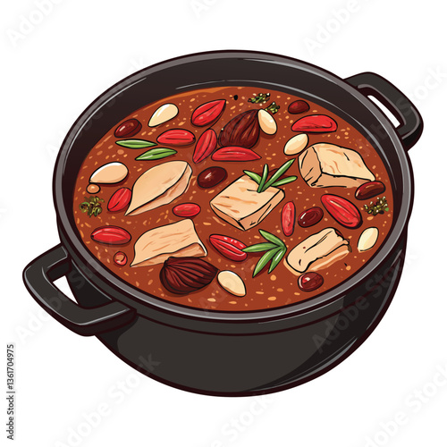 Create a bold, vector illustration of a bubbling pot of Canto (Cantonese-style hot pot), emphasizing steam and vibrant ingredients.