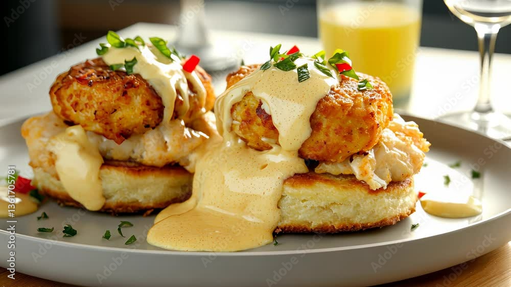 Delicious brunch featuring crispy chicken biscuits topped with creamy sauce and fresh herbs in a cozy restaurant setting