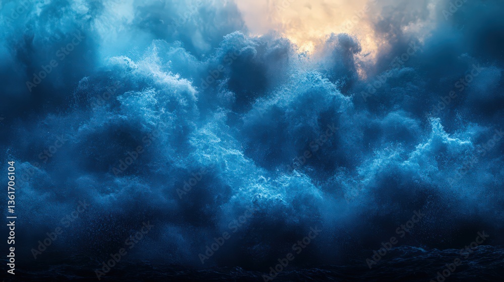 Obraz premium Dramatic ocean storm with turbulent waves and sunlight breaking through dark clouds
