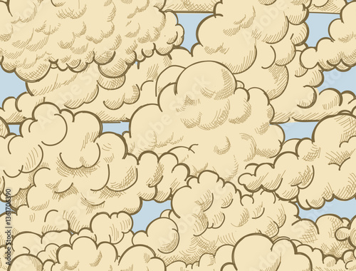 Basic Seamless pattern with engraving sepia clouds. Vintage hand drawn illustration with cloudy sky. Engraving etching Renaissance style. Vector illustration
