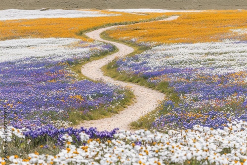 A winding path meanders through a vibrant tapestry of wildflowers in full bloom, showcasing a stunning display of nature's beauty and colorful diversity.