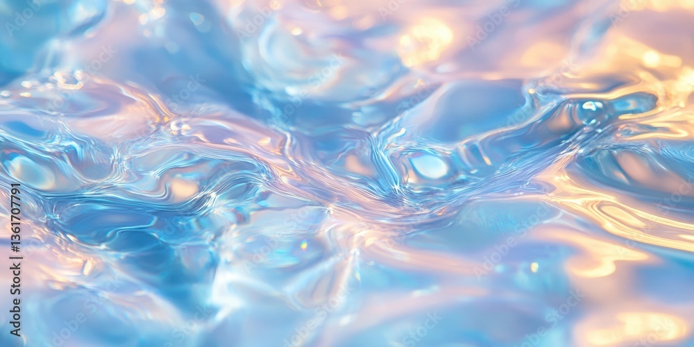 Fototapeta premium Shimmering blue and pink water droplets create a captivating, dreamlike surface. Light reflects, producing a beautiful, ethereal glow
