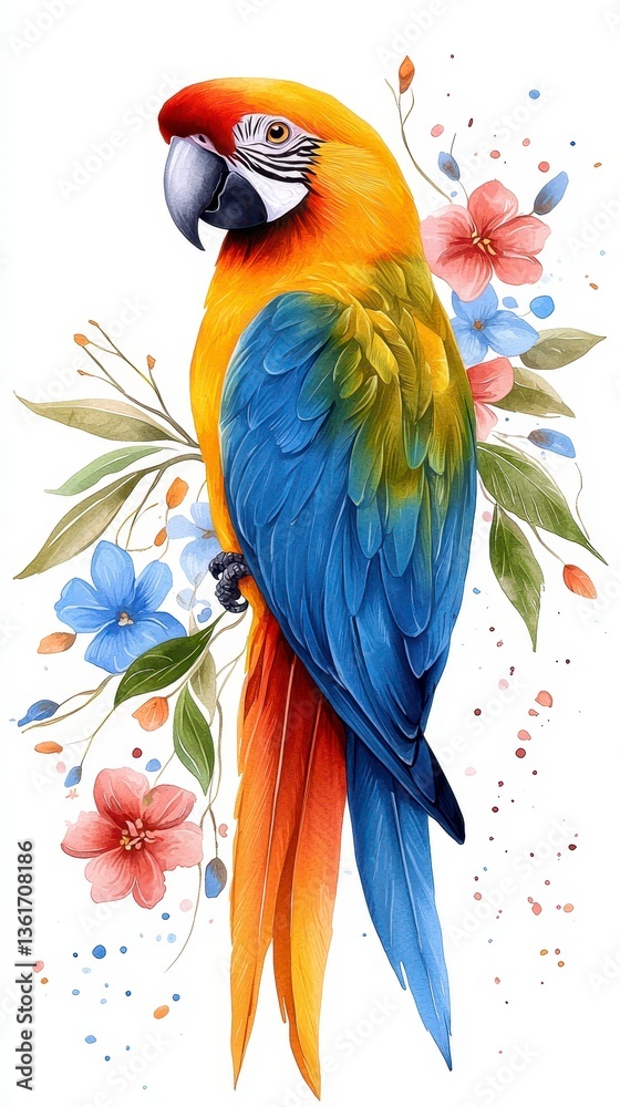 Fototapeta premium Strikingly colorful parrot isolated on white background displaying bright feathers and unique characteristics of nature