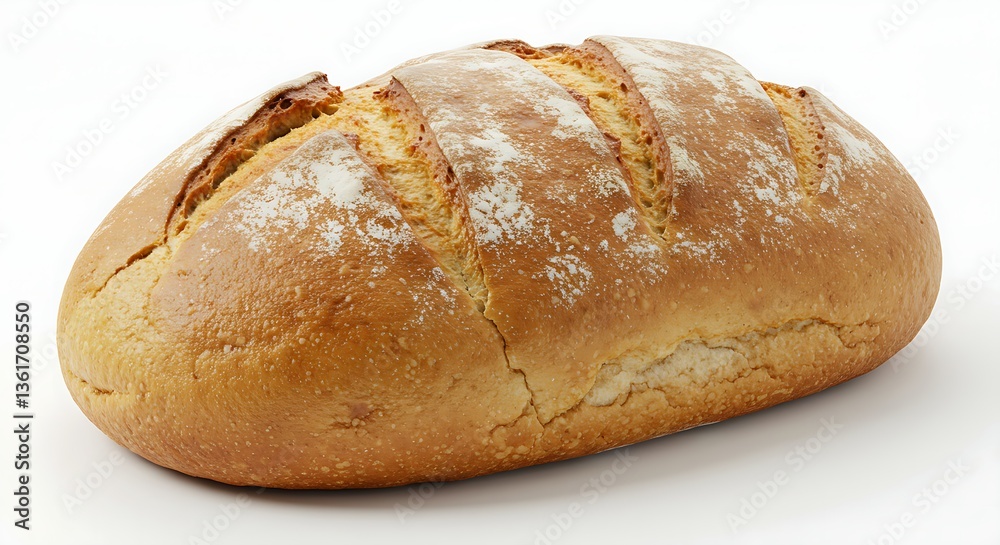 Perfectly baked loaf of bread mockup with a rustic crust, displayed on a white background Perfectly baked loaf of bread mockup with a rustic crust, displayed on a white background