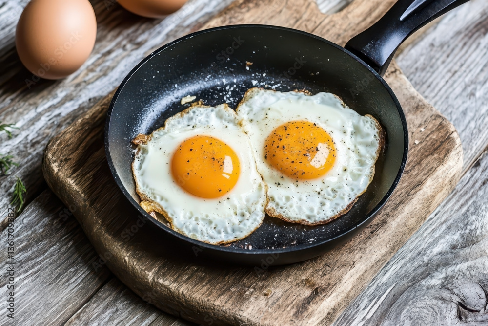2 fried eggs in black pan, kitchen background 2 fried eggs in black pan, kitchen background