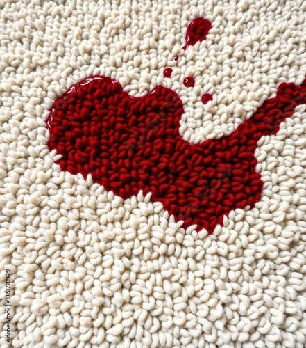 Crimson wine stain spreading across plush carpet fibers, spilled wine, carpet, drink