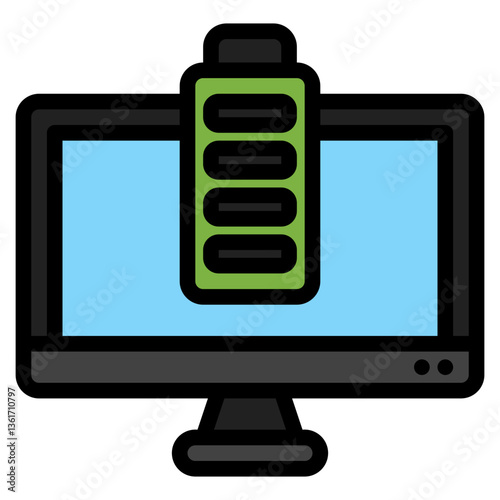 Full battery icon displayed on a computer monitor screen, suitable for technology concepts, energy efficiency, power management, and digital concepts.