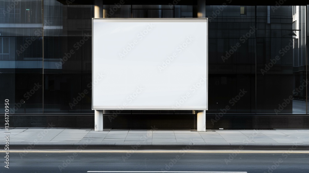 Obraz premium A blank white advertisement board affixed to the side of a contemporary urban bus stop, ideal for marketing mockups, street advertising concept, ultra-high-definition sharpness, realistic textures