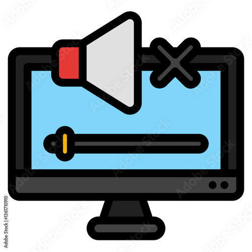 Mute sound on monitor with speaker and volume control. Ideal for technology, computer software, audio settings, and multimedia concepts.