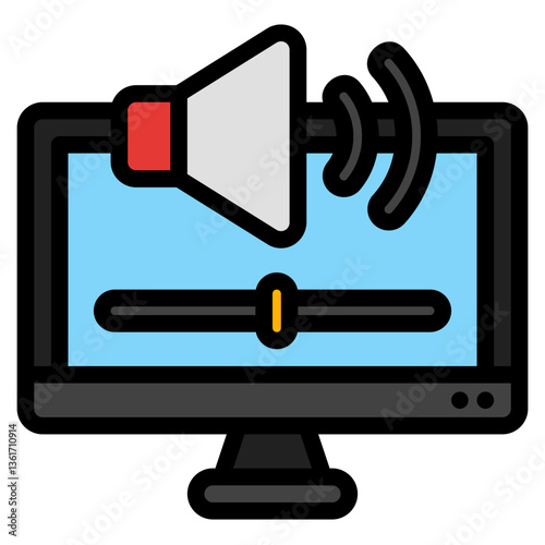 Computer monitor with a speaker and volume control, ideal for techrelated designs, website graphics, educational materials, and software concepts.