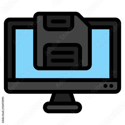Floppy disk inserted into a computer monitor, vintage tech concept, data transfer, storage, old technology, electronic equipment, IT.