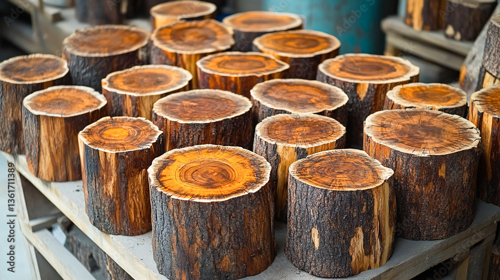 Pile of naturial log round teak wood tree stump texture background pattern use for interior wall decoration Pile of naturial log round teak wood tree stump texture background pattern use for interior wall decoration