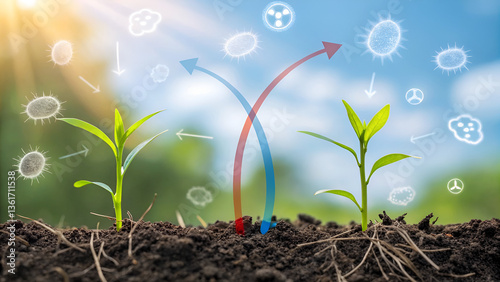 carbon cycle diagram decomposition Growth of plants with illustrated microorganisms shows interaction in soil ecology and health.