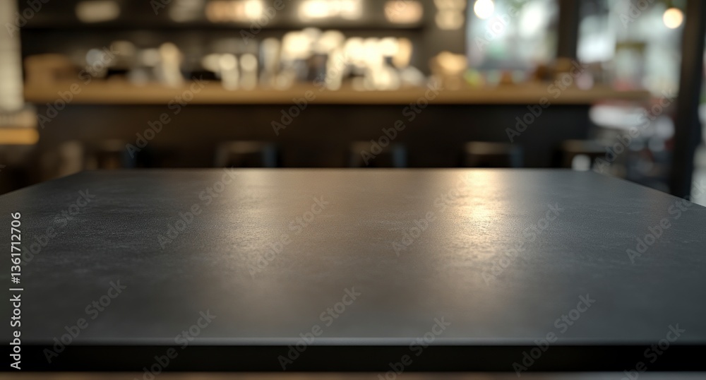 Fototapeta premium Dark Table Surface in Restaurant with Blurred Background for Mockup