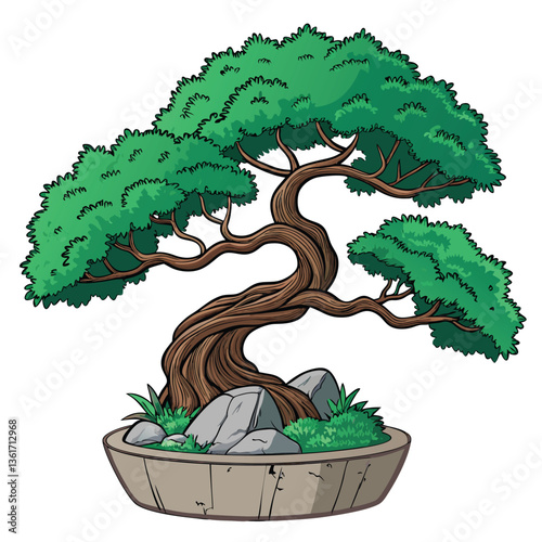 Design a bold, vector illustration of a cascading bonsai tree, emphasizing strong, graphic strokes and a minimalist style.  Grunge texture is optional.