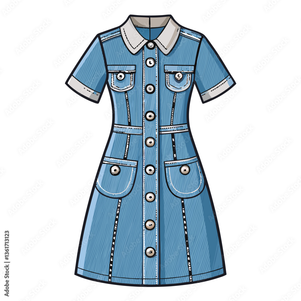 Create a bold, vector illustration of a casual denim dress, emphasizing strong lines and textures. Include details like pockets and stitching. Create a bold, vector illustration of a casual denim dress, emphasizing strong lines and textures. Include details like pockets and stitching.