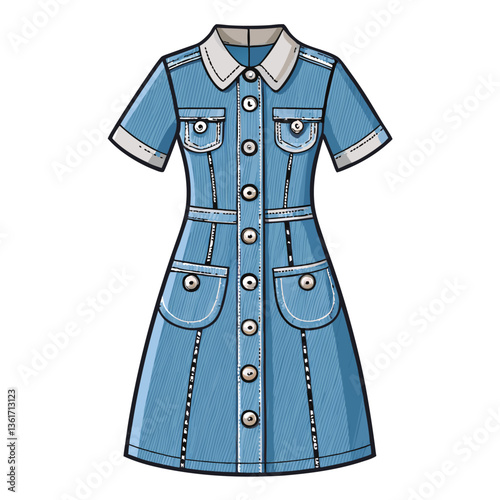 Create a bold, vector illustration of a casual denim dress, emphasizing strong lines and textures.  Include details like pockets and stitching.