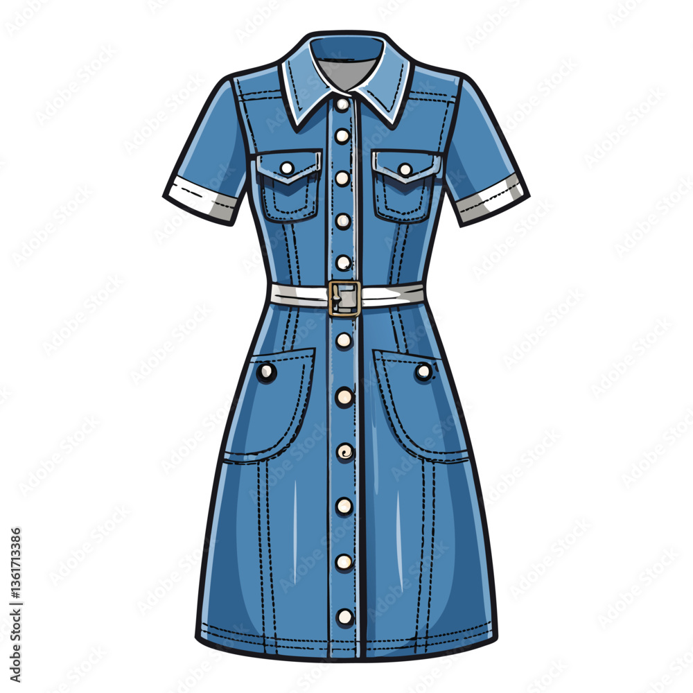 Create a bold vector illustration of a casual denim dress, emphasizing texture and style with thick, expressive lines. Create a bold vector illustration of a casual denim dress, emphasizing texture and style with thick, expressive lines.