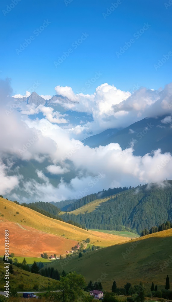 Obraz premium Misty peaks shrouded in ethereal clouds, vast serene valley, stillness, dramatic