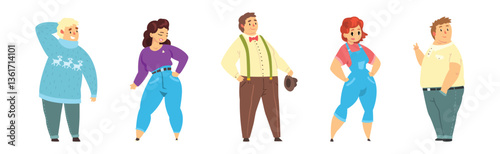 Plump Man and Woman Character with Chubby Stout Body Vector Set