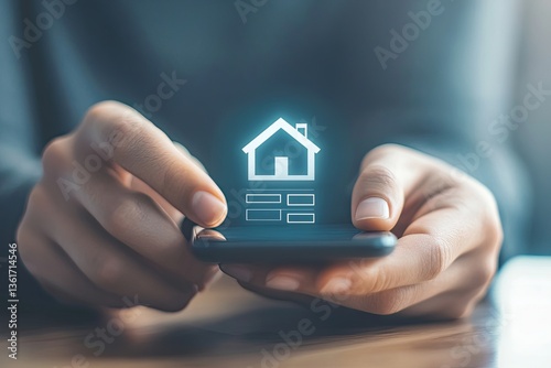 Digital home management.  Hands interacting with a phone displaying a house icon and property details.  Modern technology for real estate