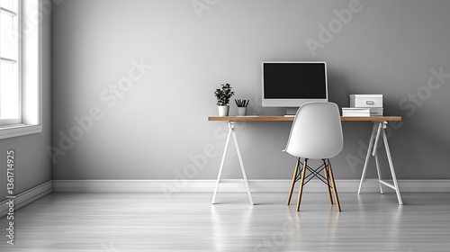 Minimalist home office workspace with computer, chair, and desk.