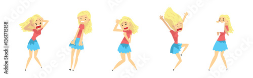 Scared Blond Woman Character Shriek and Shout Afraid of Something Vector Set