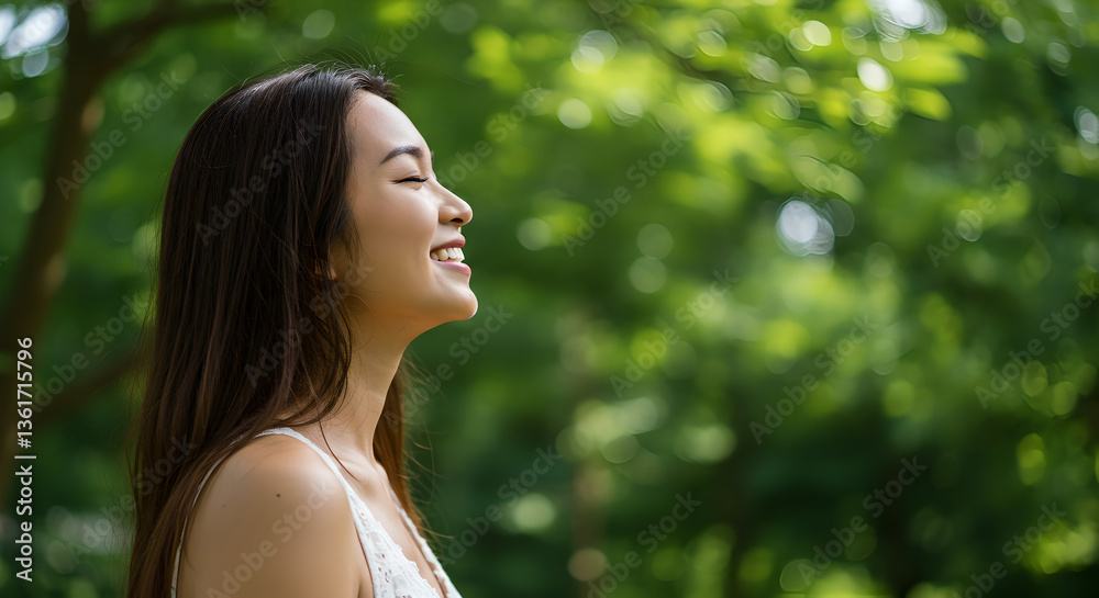 Naklejka premium Woman meditate with breathing on nature, healthy yoga. Asian girl doing breathing exercises, relax. Calm young woman enjoying fresh air. Deep breath through nose, healing and tranquility