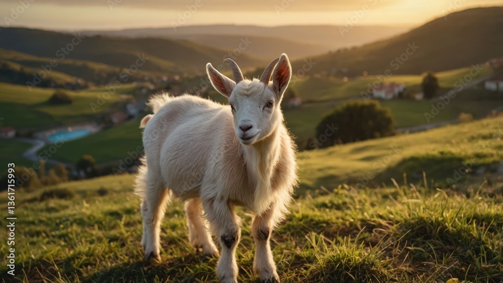 A young goat stands in a lush green landscape during sunset. A young goat stands in a lush green landscape during sunset.