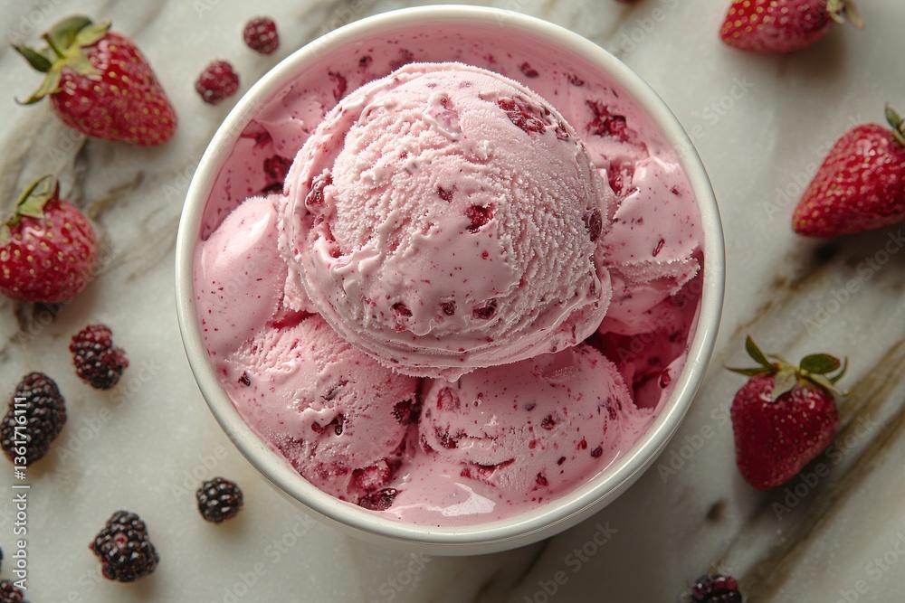 Delicious strawberry and blackberry ice cream served in a tub surrounded by fresh berries Delicious strawberry and blackberry ice cream served in a tub surrounded by fresh berries