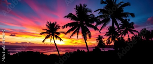 Silhouetted palm trees against a vibrant Hawaiian sunset, shadow, green