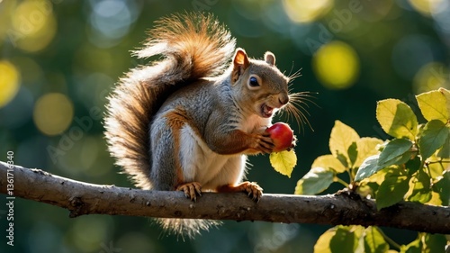A squirrel perched on a branch, enjoying a small red fruit in a natural setting.