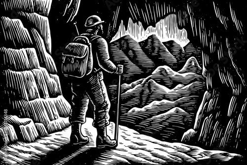 Man Hiker standing in a cave with rocky mountains in black and white background