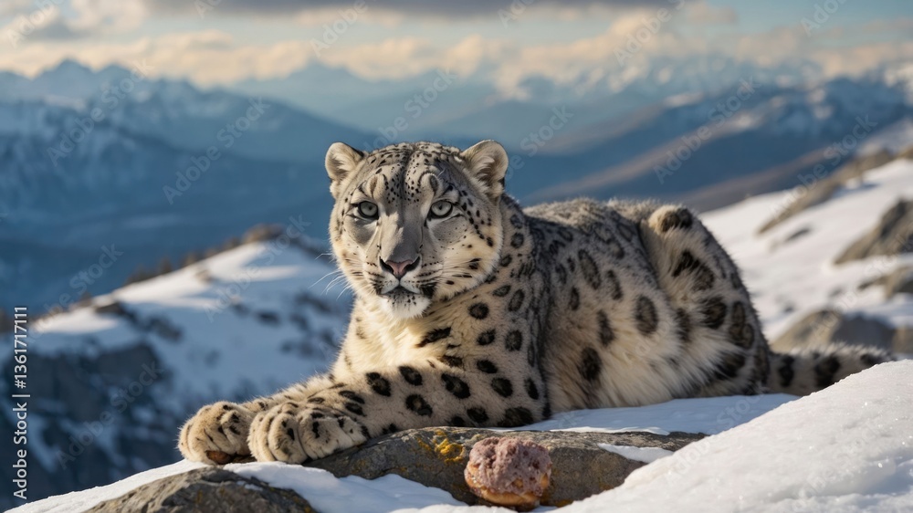 Fototapeta premium A snow leopard resting on a rocky surface in a snowy mountainous landscape.