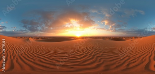 Fototapeta Naklejka Na Ścianę i Meble -  Panoramic desert landscape at sunset. Sandy dunes with intricate patterns, warm glow of sun, blue sky, orange horizon. Tranquil, serene, peaceful natural scenery. Travel, adventure, exploration,