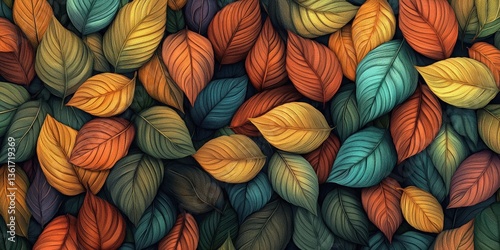 Vibrant, detailed leaves in a kaleidoscope of blues, greens, oranges, and yellows burst against a deep black background