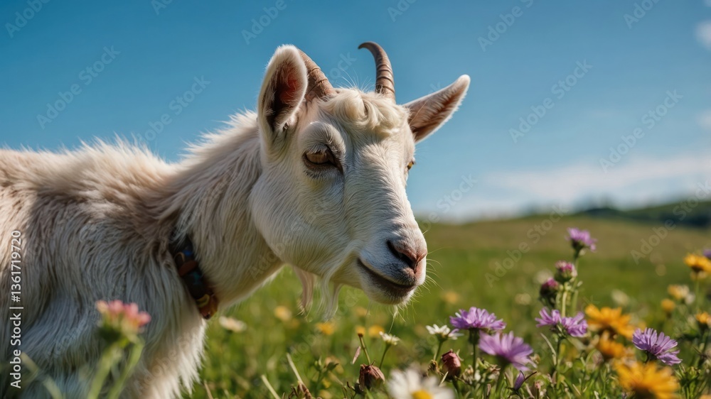 A close-up of a goat in a field of colorful flowers under a clear blue sky. A close-up of a goat in a field of colorful flowers under a clear blue sky.