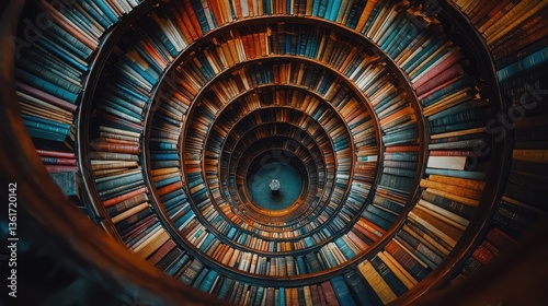 A towering spiral library, its shelves stretching infinitely upwards, as if leading to the heavens of knowledge. 