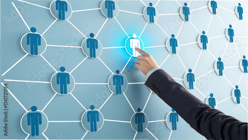 An abstract 3D representation of a corporate HR system, with a recruiter’s hand selecting a bright blue manager icon from interconnected employee icons.