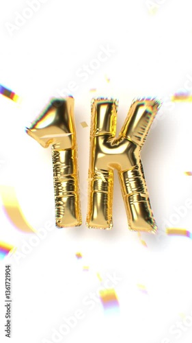 1k Followers Moving Gold Balloon Text and Falling Soft Focus Confetti With Aberration Effect. White background. Thank You Social Media Concept. 4k 3d Rendering Mobile Vertical Looped Animation.
