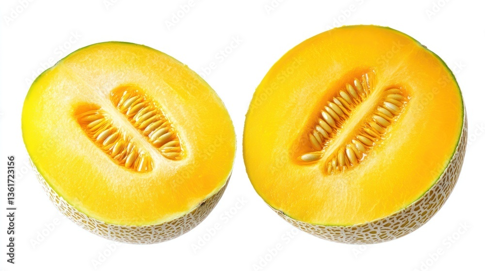 Two halves of a cantaloupe, isolated on white background, for food photography Two halves of a cantaloupe, isolated on white background, for food photography