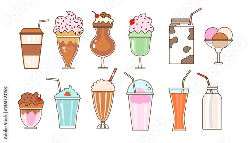 set of drinks and desserts, lattes in takeaway cups, milkshakes, smoothies in glasses with straws, ice cream scoops