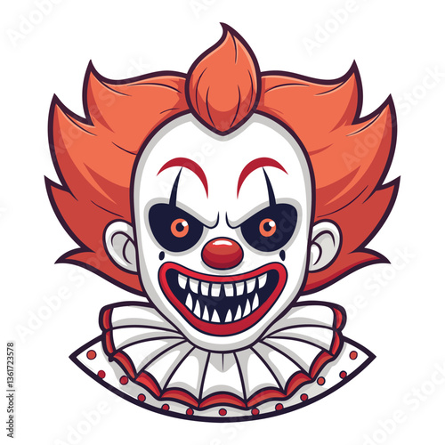 Create a vector illustration of a creepy clown with bold, sharp strokes.  Focus on a menacing and unsettling expression.