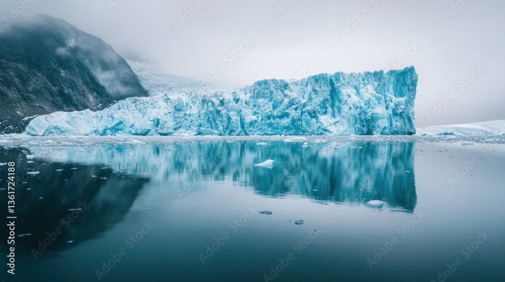 Fototapeta premium Serene Glacier Scenery reflecting Calm Waters under a Misty Sky creating a tranquil spectacle