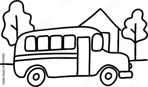 A simple line drawing of a bus parked near a house and trees, depicting a serene neighborhood scene.