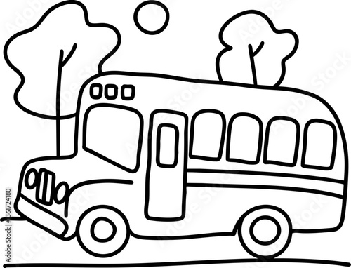 A simple, hand-drawn illustration of a bus parked beside trees under a sunny sky, showcasing a playful and artistic design.