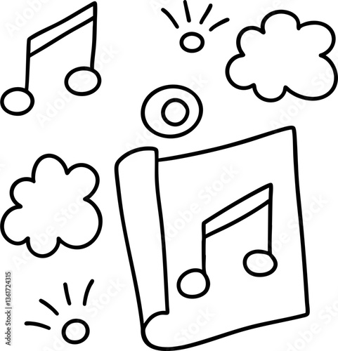 A whimsical illustration featuring musical notes, clouds, and a scroll, conveying creativity and joy associated with music.